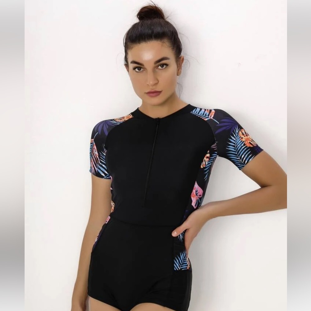 SHEIN Tropical Zip-Up One Piece Swimsuit Size Medium